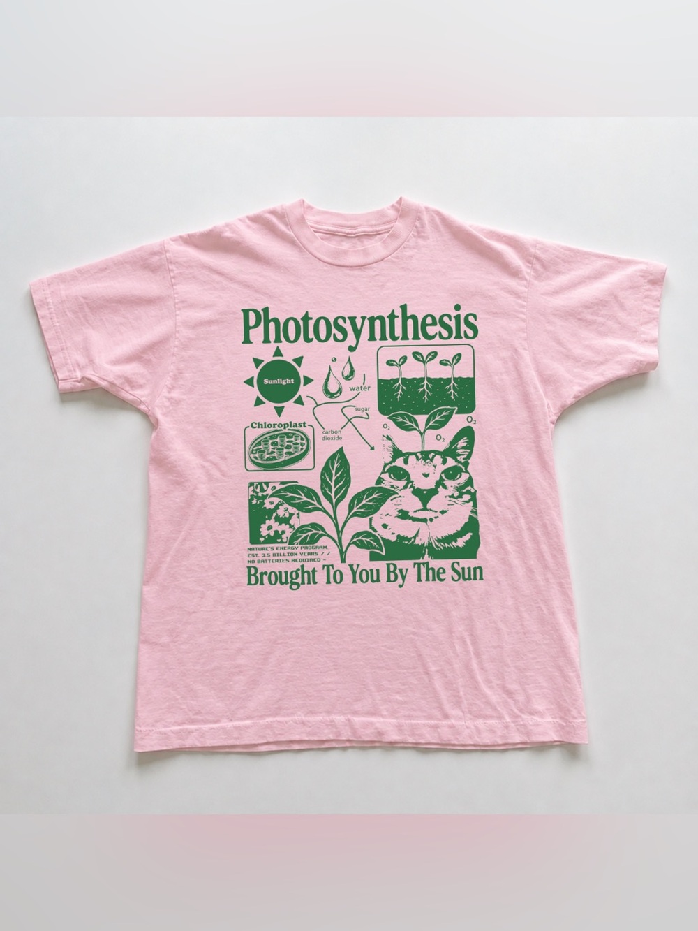 Light Pink Tee with Green Photosynthesis Cat Graphic